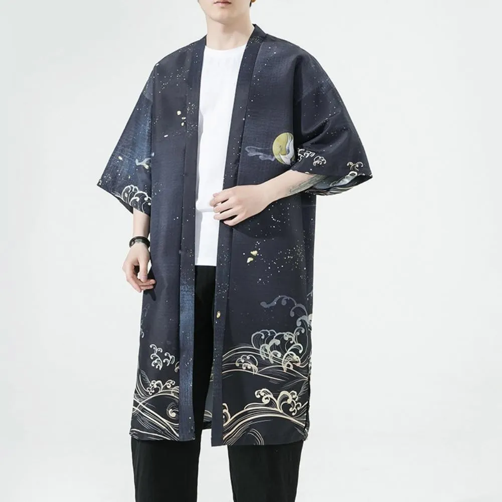 Men Japanese Long Kimono Cardigan Jacket Loose Yukata Outwear Coat Japanese Style Flying Crane Open Front Robe