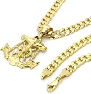 Mens 14K Gold Plated Brass Jesus Anchor Religious High-End Pendant & 5mm 20" 24" 14K Stamped Cuban Necklace Jewelry