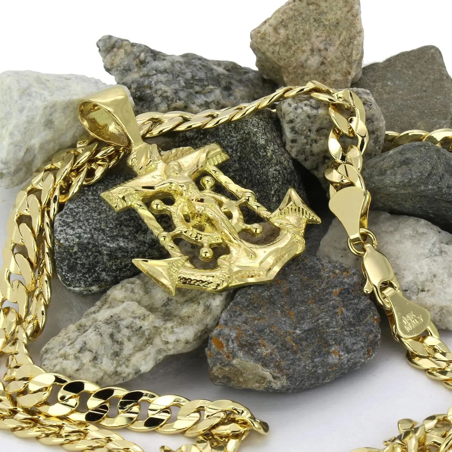 Mens 14K Gold Plated Brass Jesus Anchor Religious High-End Pendant & 5mm 20" 24" 14K Stamped Cuban Necklace Jewelry