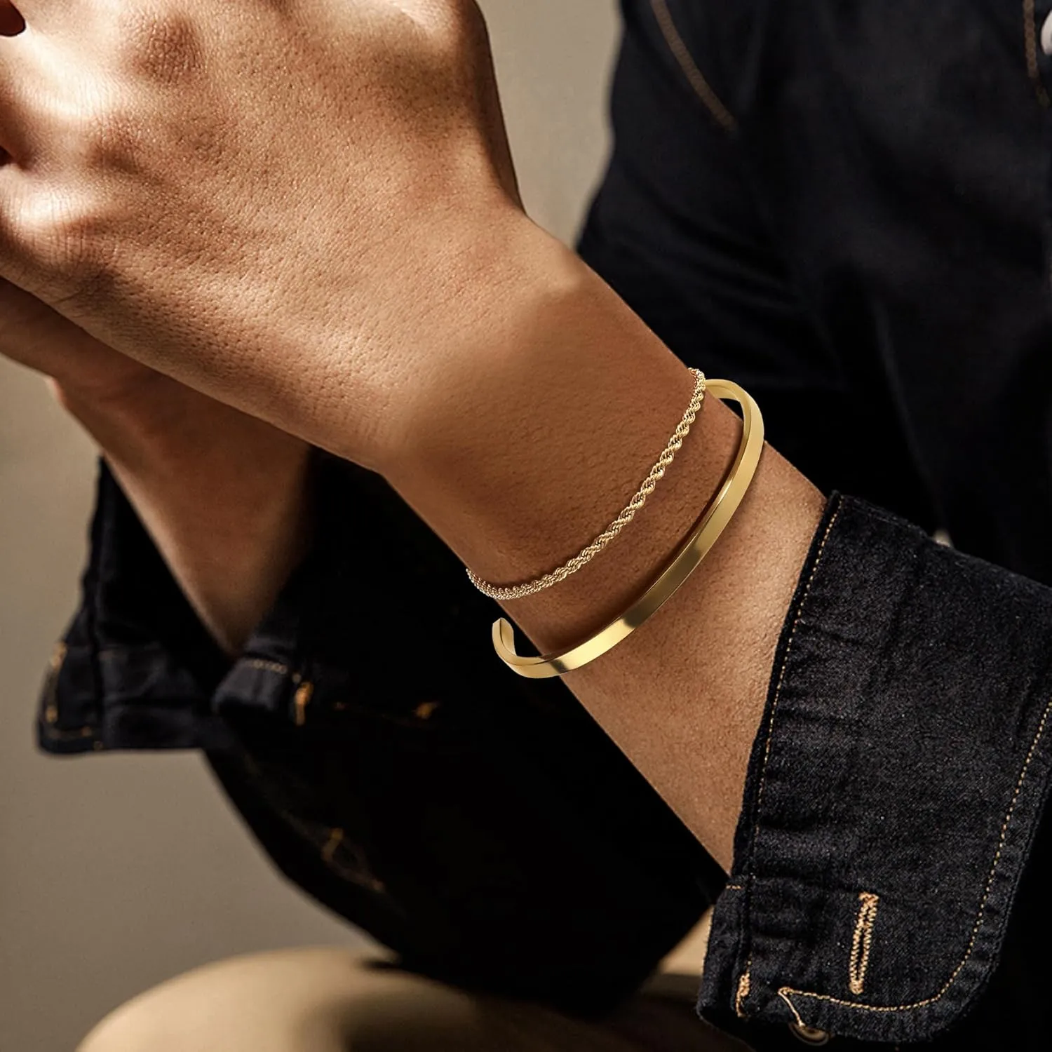 Men's Gold & Silver Bracelet Set - Stainless Steel, 14K Gold Plated Cuff Link Chain & Cuban Bangle
