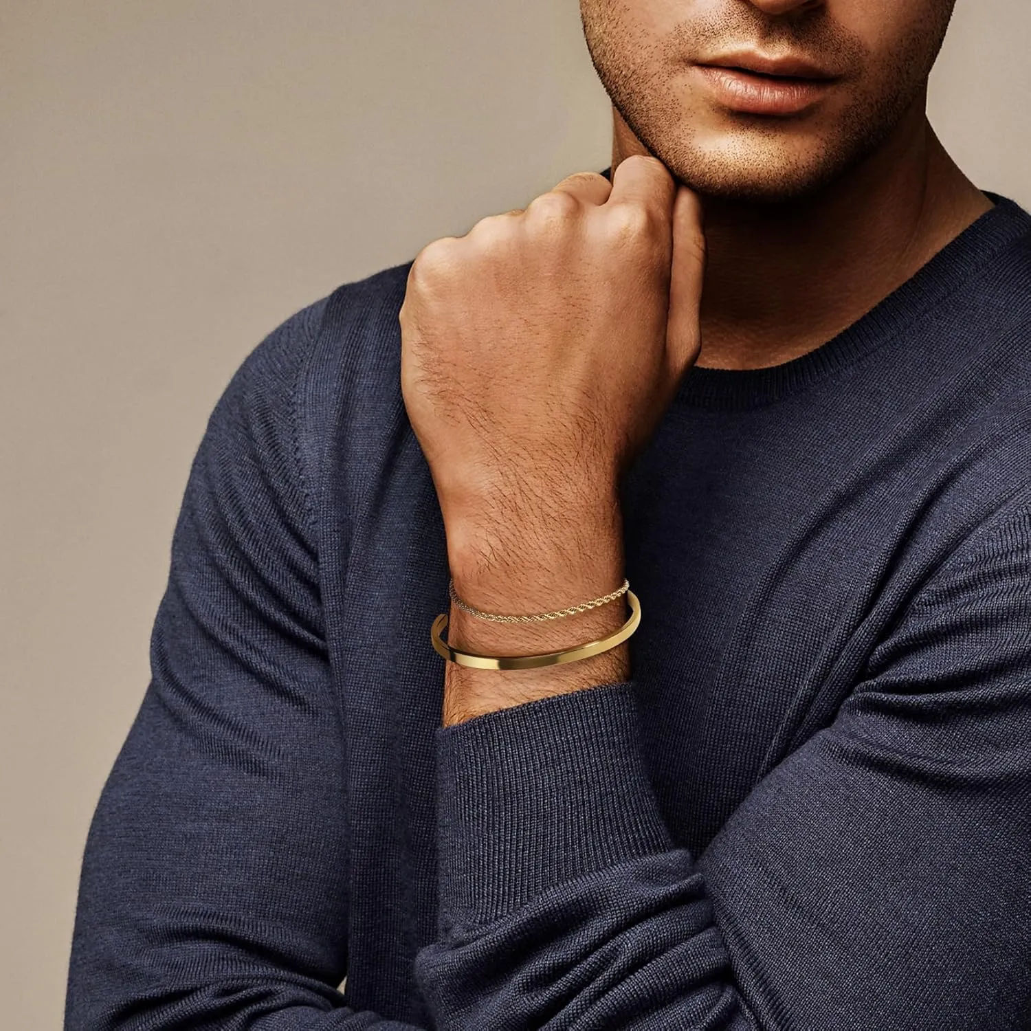 Men's Gold & Silver Bracelet Set - Stainless Steel, 14K Gold Plated Cuff Link Chain & Cuban Bangle