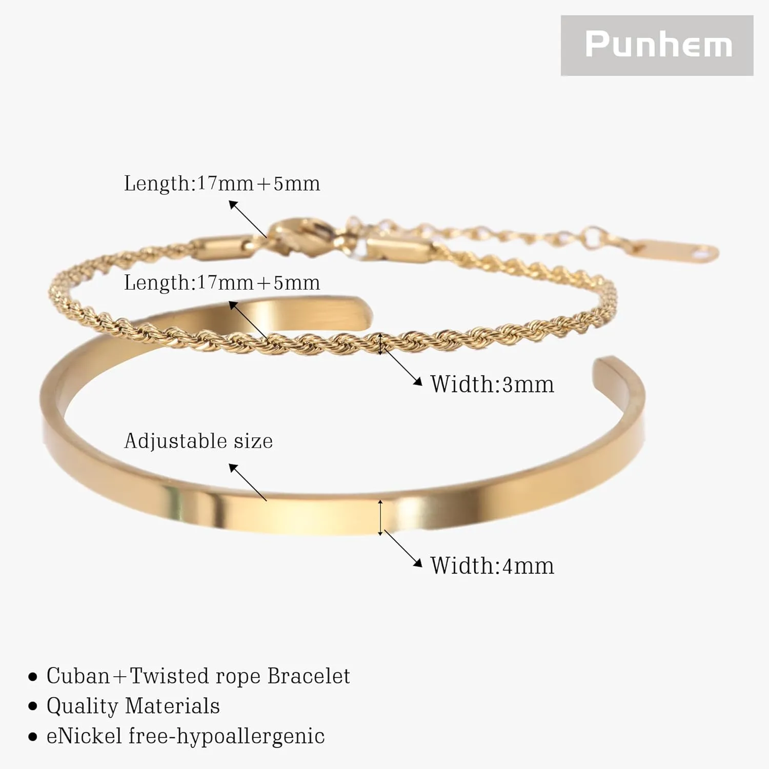 Men's Gold & Silver Bracelet Set - Stainless Steel, 14K Gold Plated Cuff Link Chain & Cuban Bangle