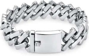 Mens High Polished Stainless Steel Geometric Link Chain Bracelet, Sleek Siver 20MM Wide Square Chain Link Bracelet for Men, Heavy and Chunky, Masssive and Masculine, Urban Classic Style