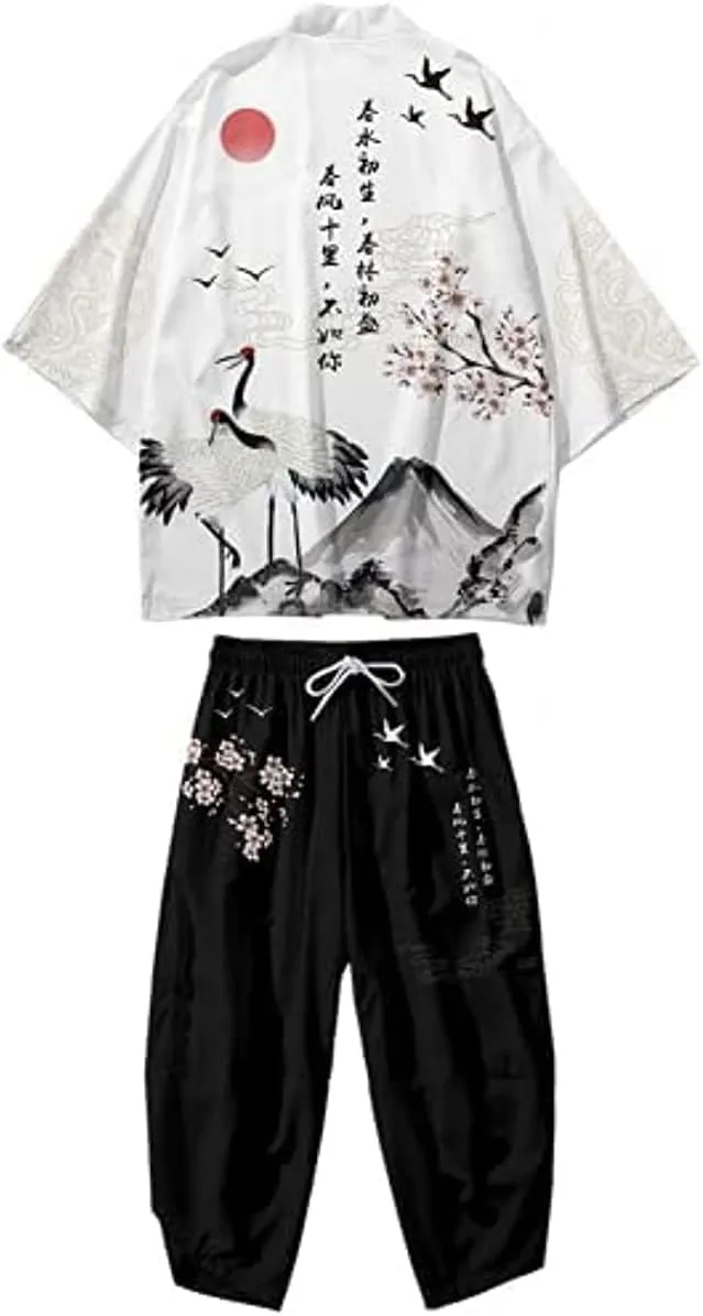 Men's Japanese Style Kimono Tops Pants Sets Chinese Robes Kimono Pajamas Suit Seven Sleeves Cardigan & Shorts (Style-9,Medium,Unisex Adult,Unisex,Adult,US,Alpha,Medium,Regular,Regular)