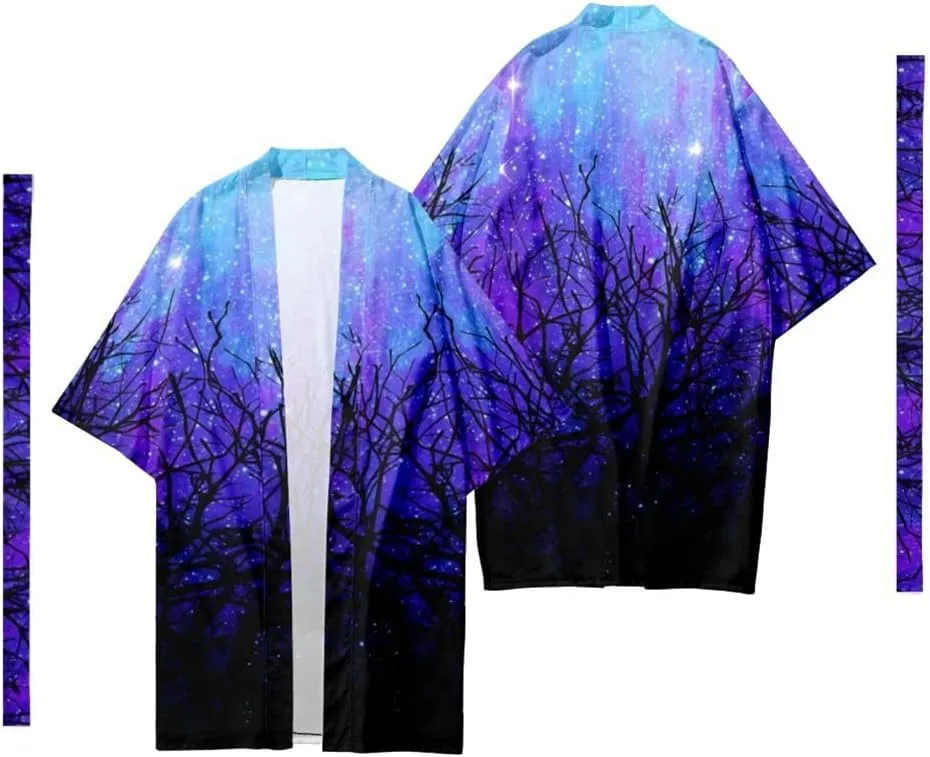 Men's Lightweight Japanese Kimono Jacket Seven Sleeve Open Front Robe Cardigan Casual Bathrobe Sleepwear Loungewear (Black-2,5XL,Mens)