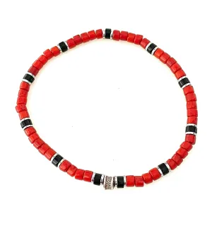 Men's Red Coral and Black Onyx Bracelet, Minimalist Stretch Bracelet, Karen Hill Tribe Fine Silver, Beaded Gemstone, Unisex.