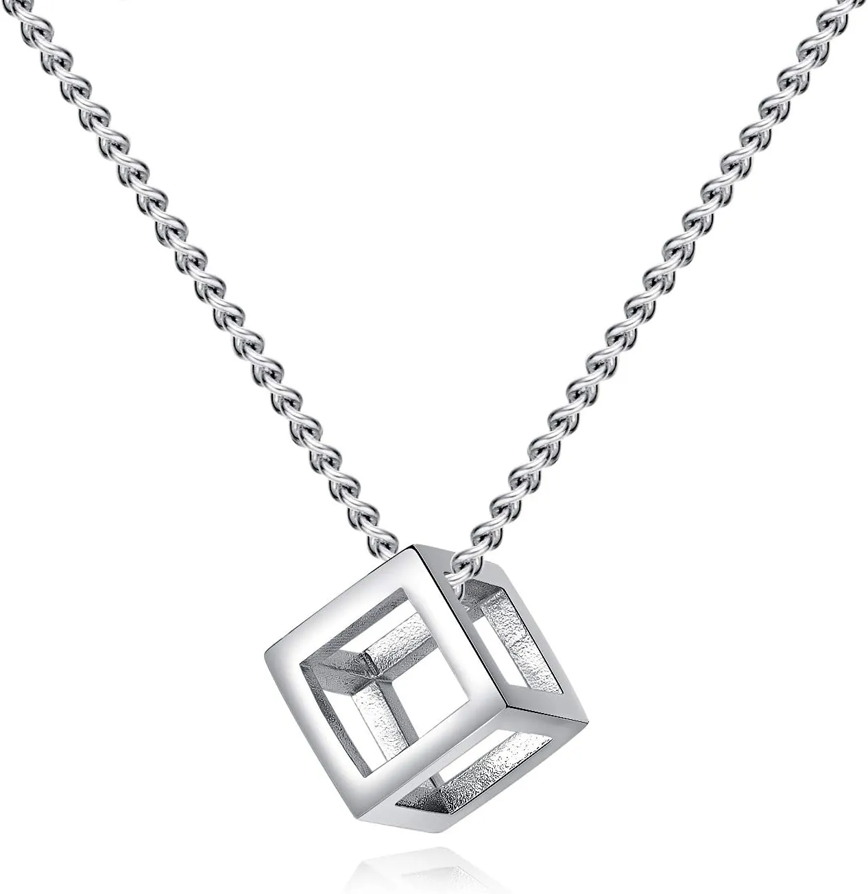 Men's Stainless Steel Simple Square Hollow Cube Charm Pendant Minimalist Couple Necklace