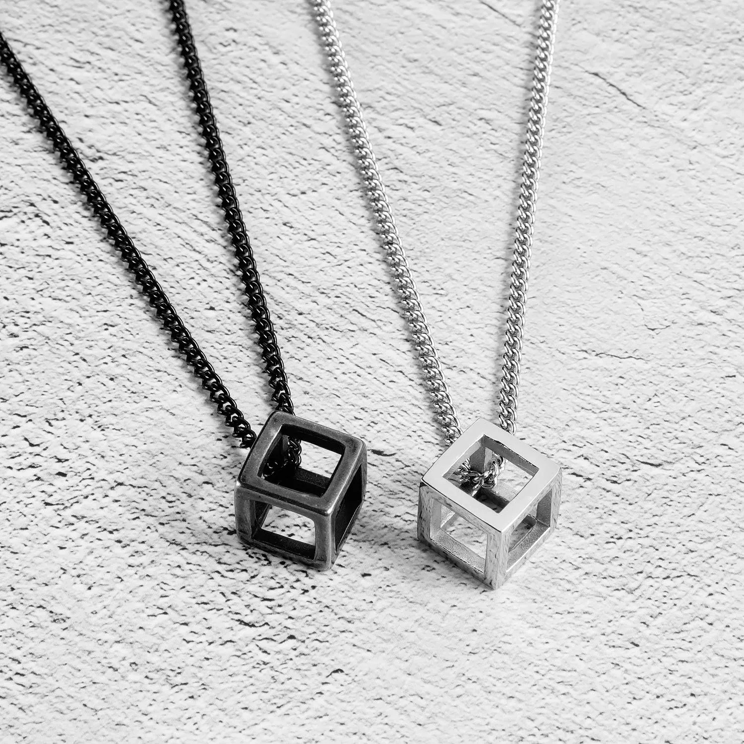 Men's Stainless Steel Simple Square Hollow Cube Charm Pendant Minimalist Couple Necklace
