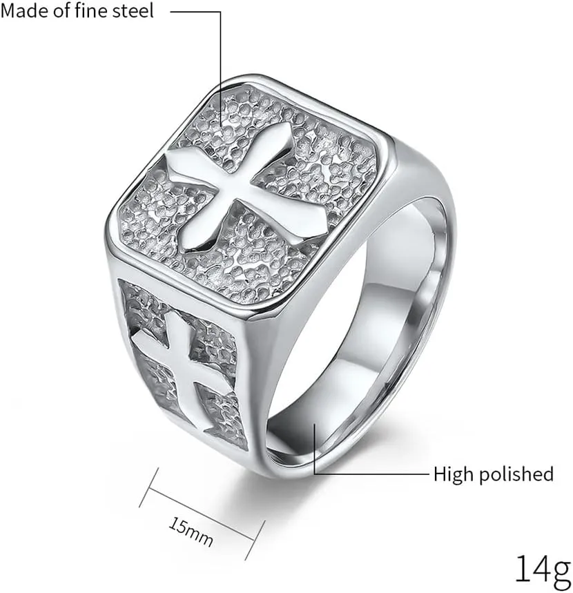 Men's Vintage Cross Signet Rings,Christian Faith Prayer Church Wedding Rings, Stainless Steel Cross Signet Rings