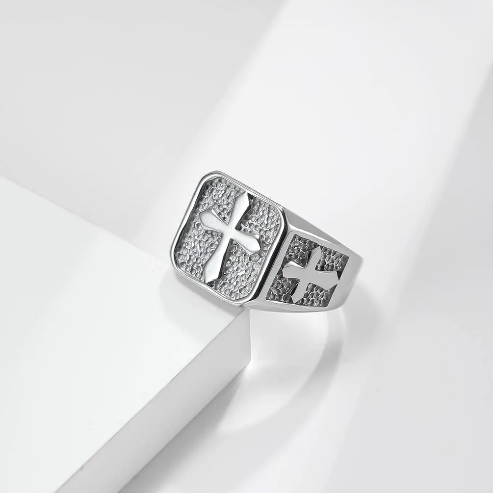 Men's Vintage Cross Signet Rings,Christian Faith Prayer Church Wedding Rings, Stainless Steel Cross Signet Rings