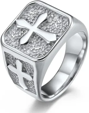 Men's Vintage Cross Signet Rings,Christian Faith Prayer Church Wedding Rings, Stainless Steel Cross Signet Rings