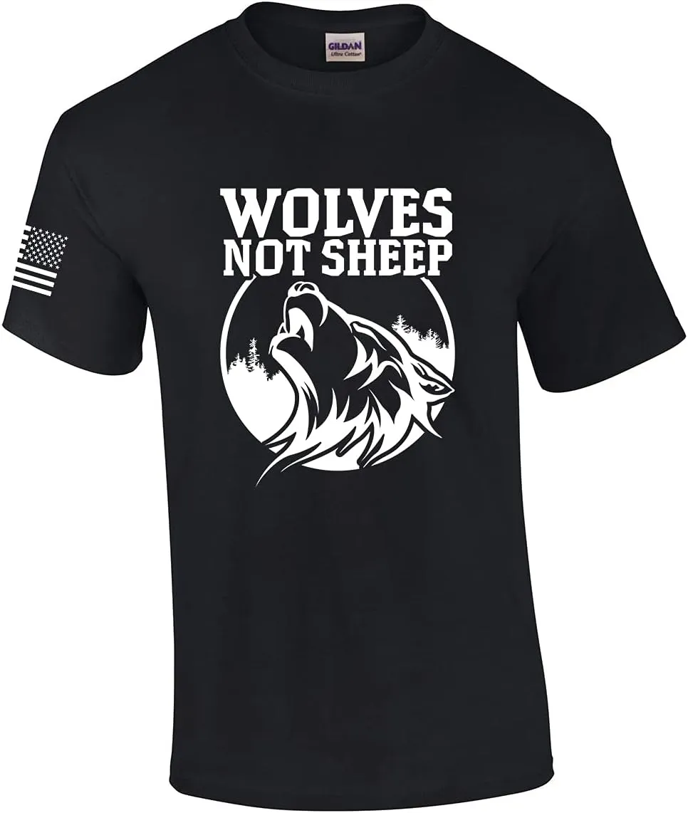 Men's Wolves Not Sheep Howling Wolf Head Patriotic American Flag Sleeve T-Shirt