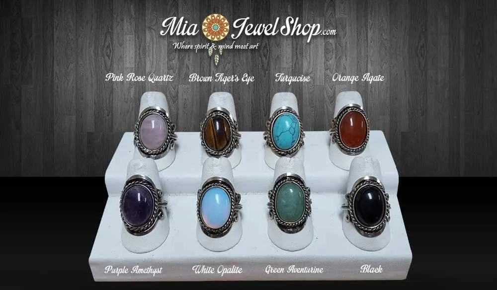 Mia Jewel Shop - Healing Gemstone Mood Ring | Silver Jewelry with Metal Border & Adjustable Design | Women's Natural Handmade Fashion Jewelry & Boho Accessories