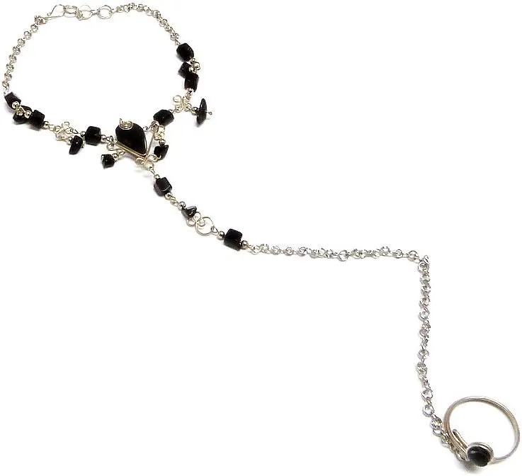 Mia Jewel Shop Teardrop Stone Chip Stone Dangle Silver Metal Chain Link Harem Anklet Toe Ring - Womens Fashion Handmade Jewelry Boho Accessories (Black Onyx)