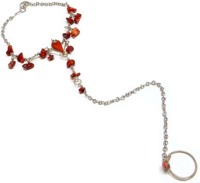 Mia Jewel Shop Teardrop Stone Chip Stone Dangle Silver Metal Chain Link Harem Anklet Toe Ring - Womens Fashion Handmade Jewelry Boho Accessories (Red Jasper)