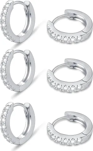 micuco 3 Pairs Small Hoop Earrings Tiny Cartilage Earrings for Women Cubic Zirconia Earrings Huggie Hoop Ear Piercing Earrings for Men 8mm 10mm 12mm