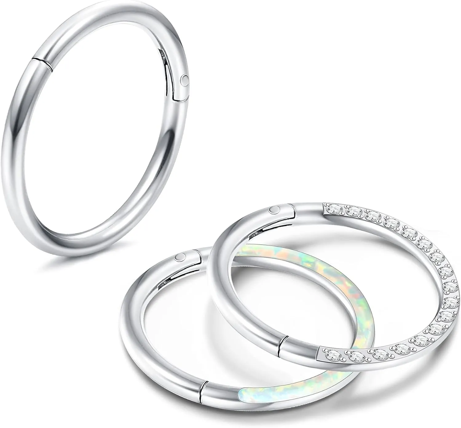 MILACOLATO 16G 18G Septum Rings for Women | Surgical Steel Nose Rings Hoop | Opal CZ Clicker Hinged Nose Rings | Daith Helix Conch Cartilage Hoop Piercing Jewelry | 8/10/12mm | 3Pcs