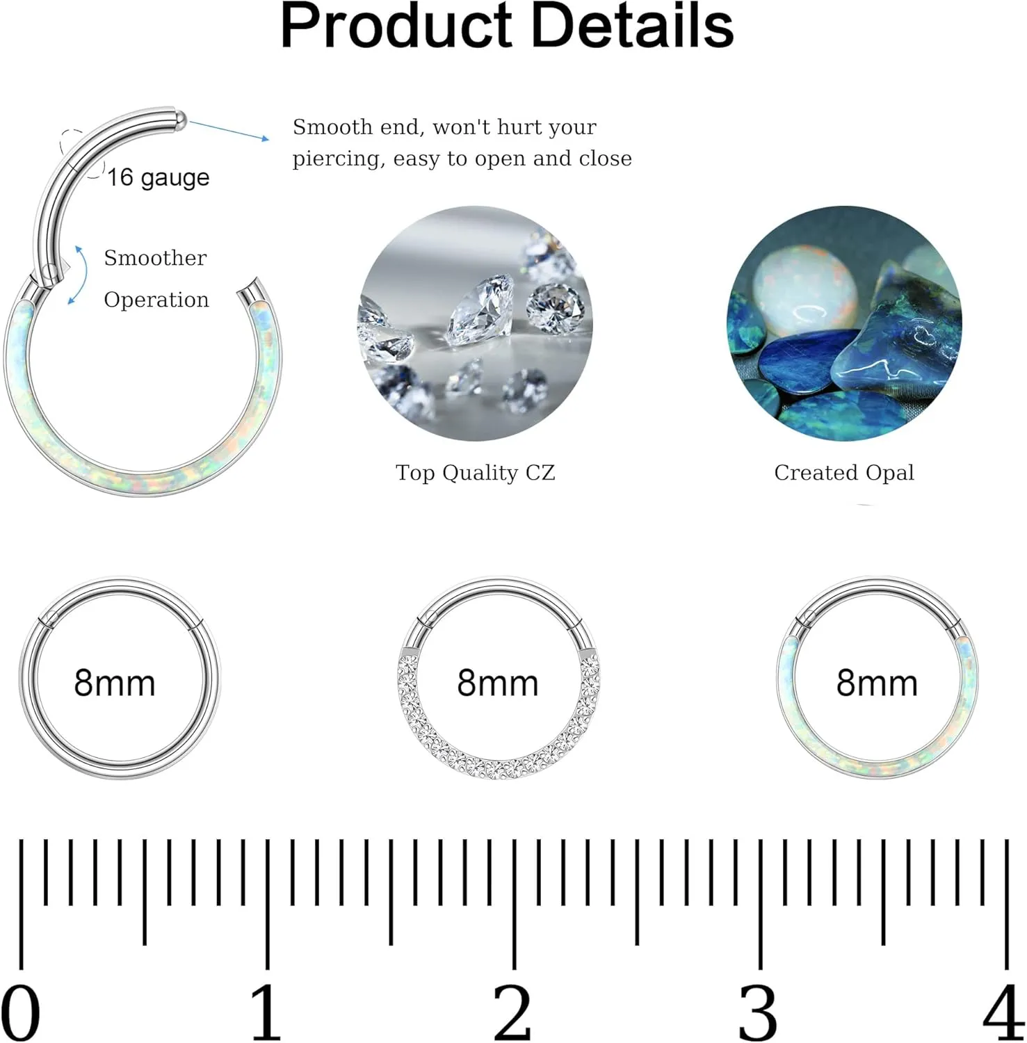 MILACOLATO 16G 18G Septum Rings for Women | Surgical Steel Nose Rings Hoop | Opal CZ Clicker Hinged Nose Rings | Daith Helix Conch Cartilage Hoop Piercing Jewelry | 8/10/12mm | 3Pcs