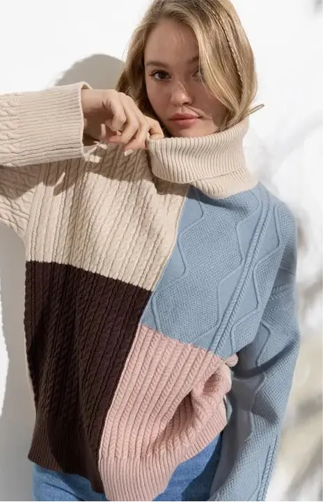Millie Colorblock Knit Turtleneck- Taupe