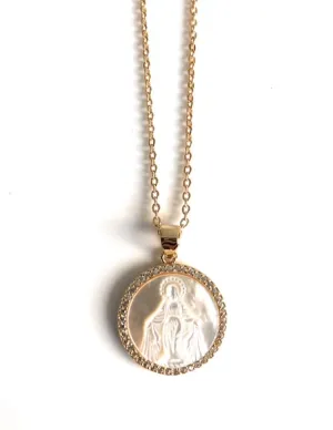 Minimalist Blessed Mother of Pearl Medal 17 Inches Necklace Virgen de la Milagrosa