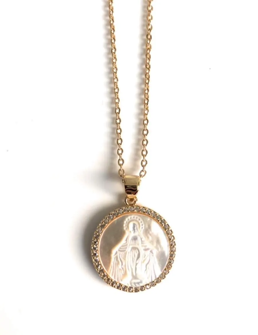 Minimalist Blessed Mother of Pearl Medal 17 Inches Necklace Virgen de la Milagrosa