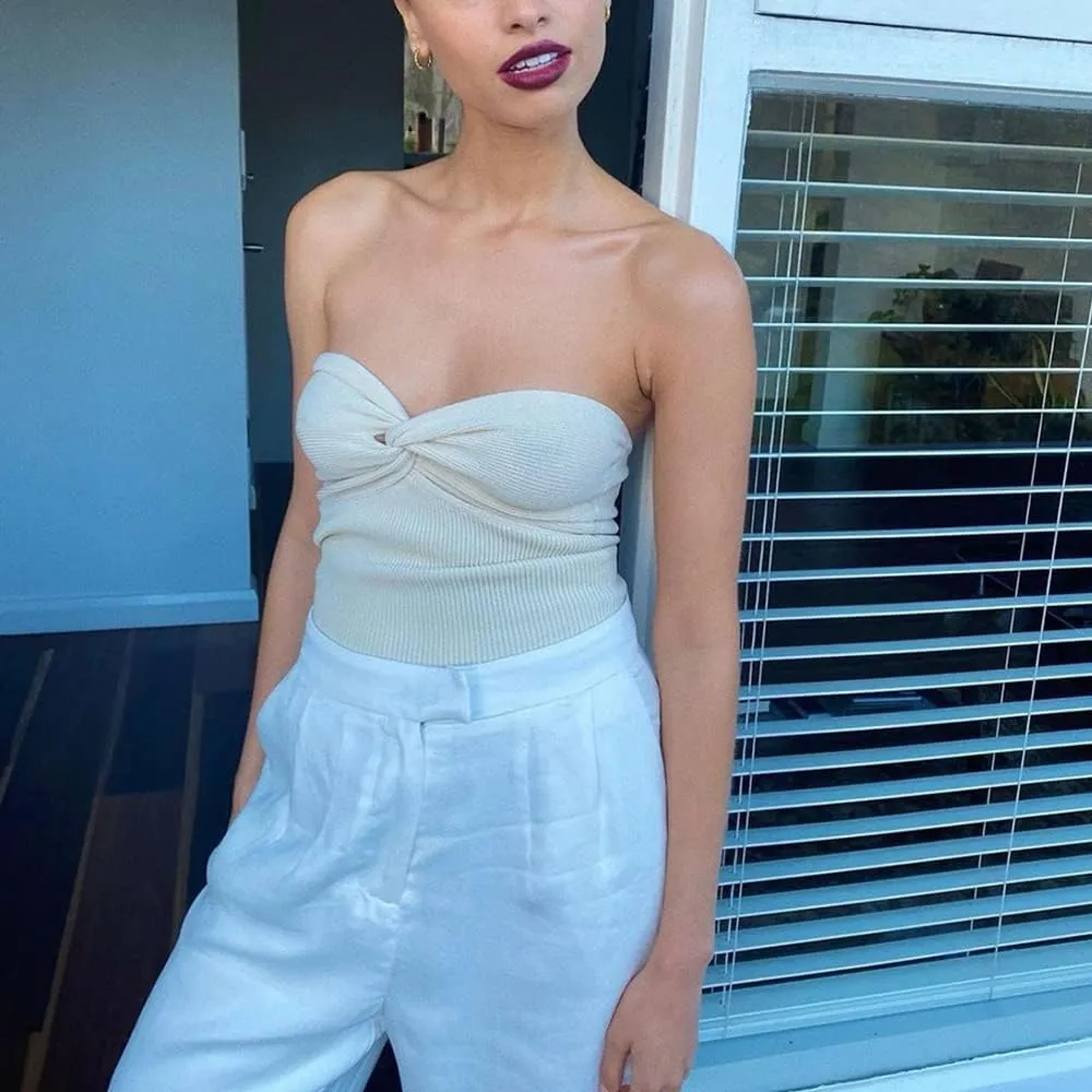 MISSACTIVER Women Twist Knot Front Knit Tube Tank Top Sleeveless Off Shoulder Strapless Crosscriss Backless Crop Camisole