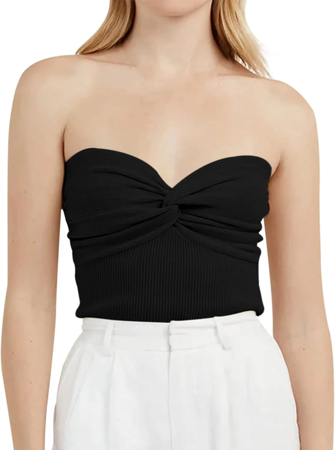 MISSACTIVER Women Twist Knot Front Knit Tube Tank Top Sleeveless Off Shoulder Strapless Crosscriss Backless Crop Camisole