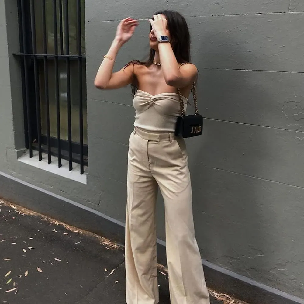 MISSACTIVER Women Twist Knot Front Knit Tube Tank Top Sleeveless Off Shoulder Strapless Crosscriss Backless Crop Camisole