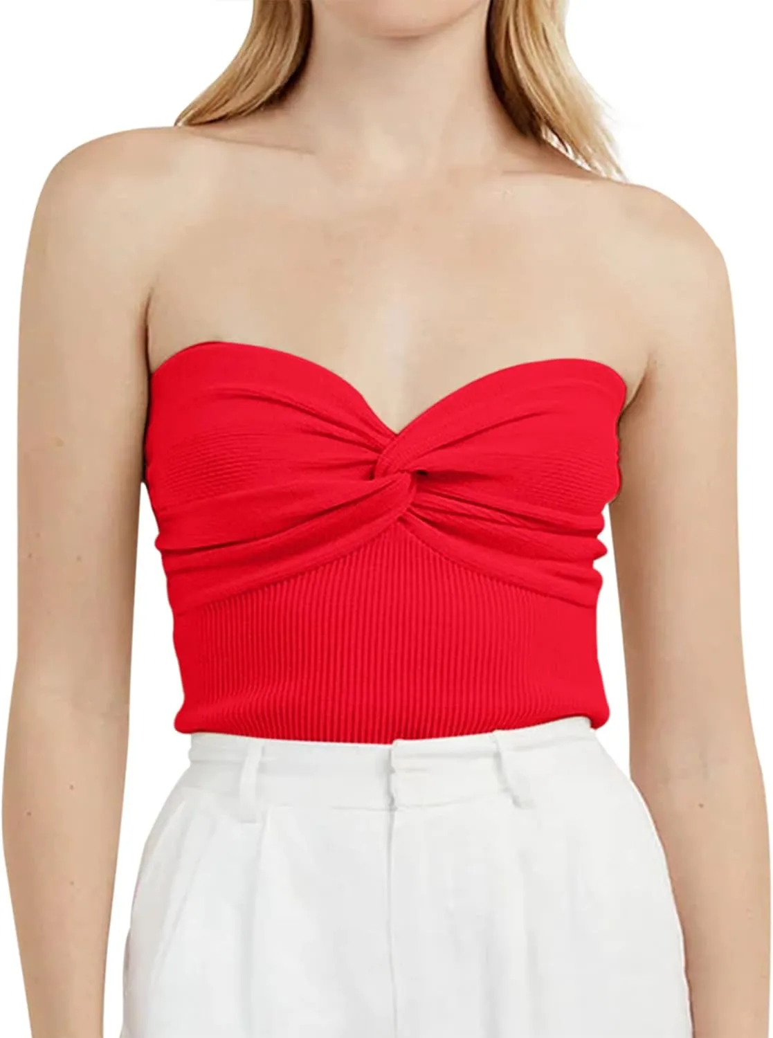 MISSACTIVER Women Twist Knot Front Knit Tube Tank Top Sleeveless Off Shoulder Strapless Crosscriss Backless Crop Camisole