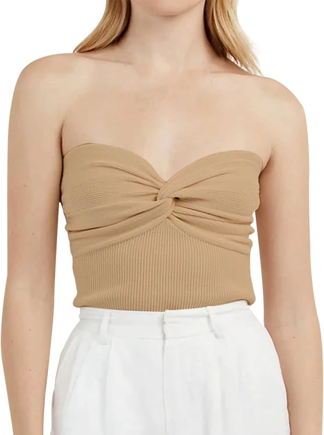 MISSACTIVER Women Twist Knot Front Knit Tube Tank Top Sleeveless Off Shoulder Strapless Crosscriss Backless Crop Camisole