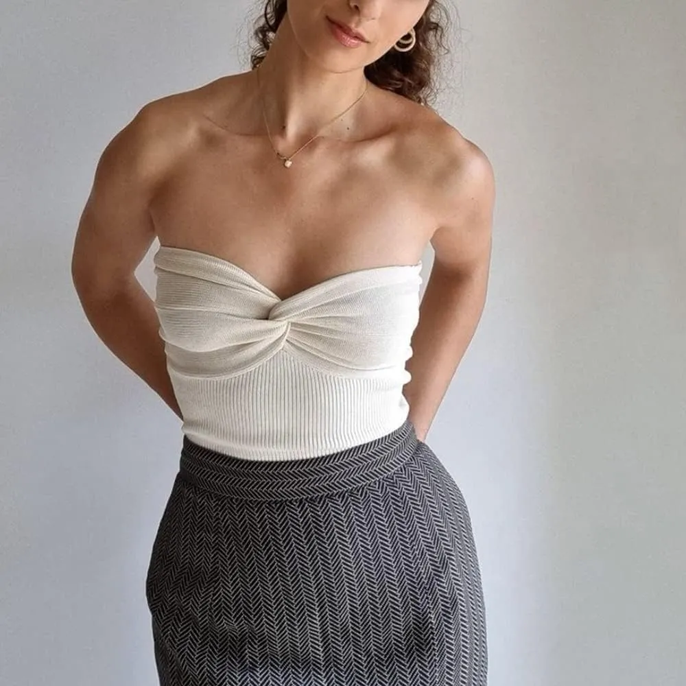 MISSACTIVER Women Twist Knot Front Knit Tube Tank Top Sleeveless Off Shoulder Strapless Crosscriss Backless Crop Camisole