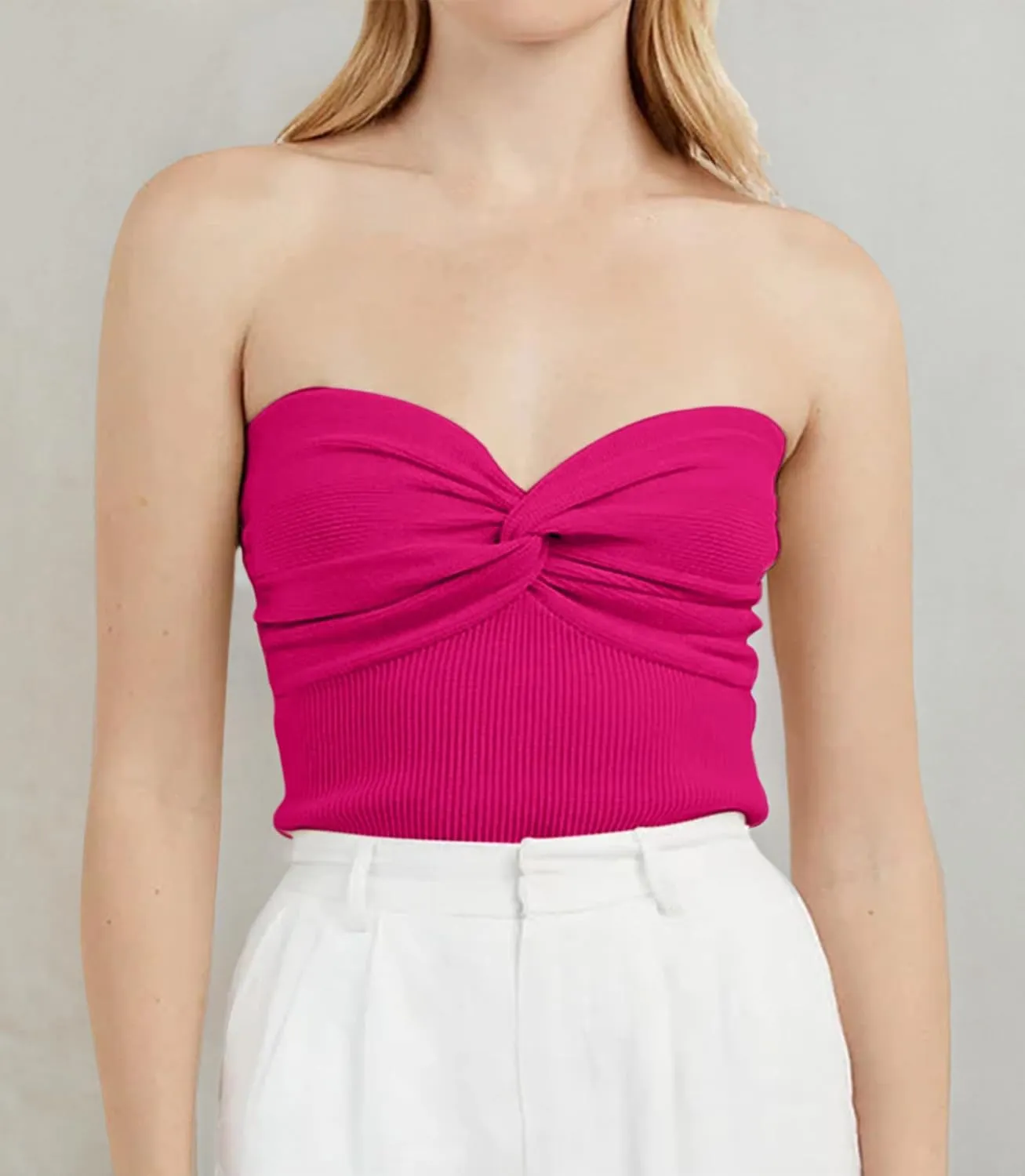 MISSACTIVER Women Twist Knot Front Knit Tube Tank Top Sleeveless Off Shoulder Strapless Crosscriss Backless Crop Camisole