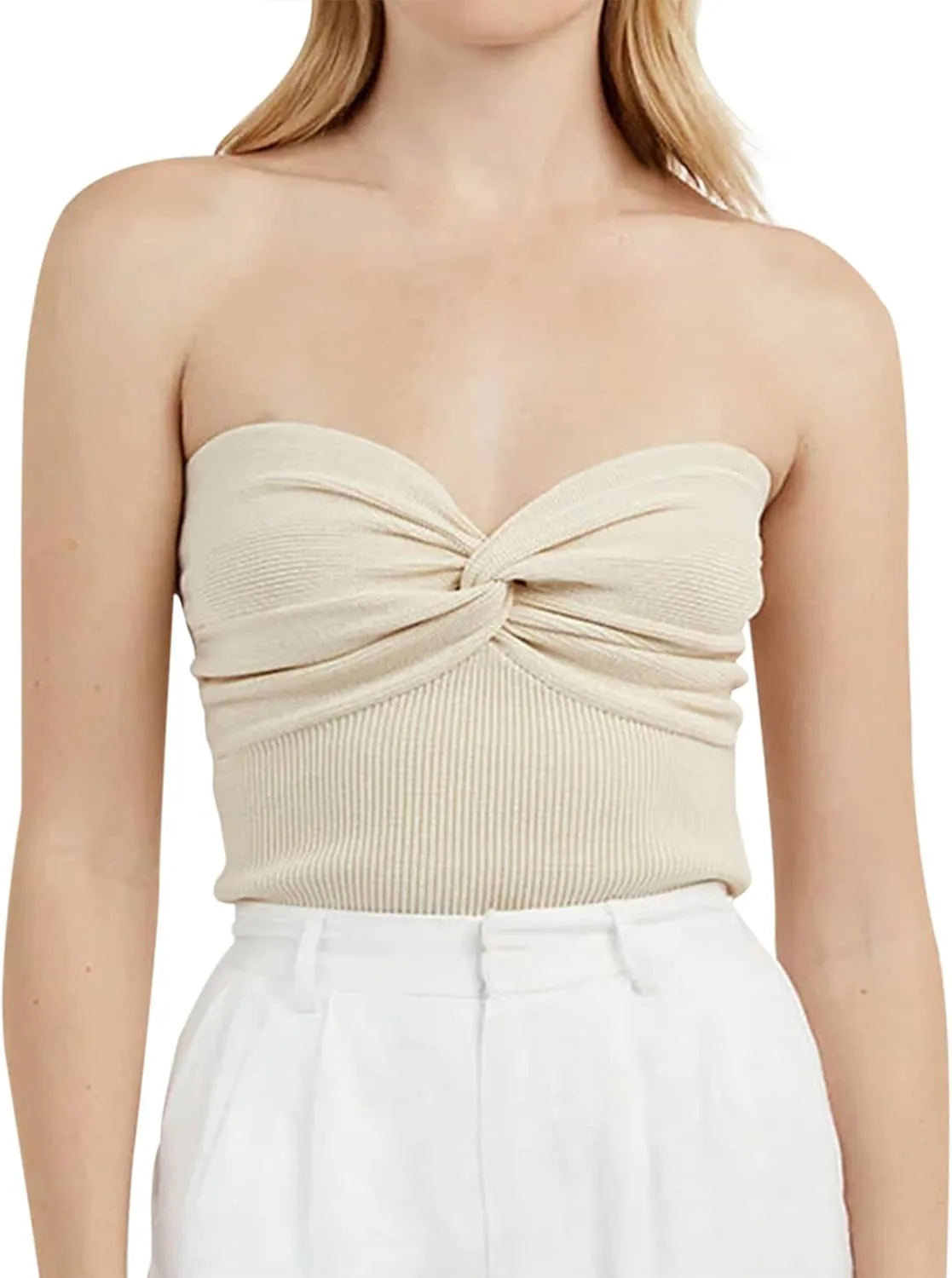 MISSACTIVER Women Twist Knot Front Knit Tube Tank Top Sleeveless Off Shoulder Strapless Crosscriss Backless Crop Camisole