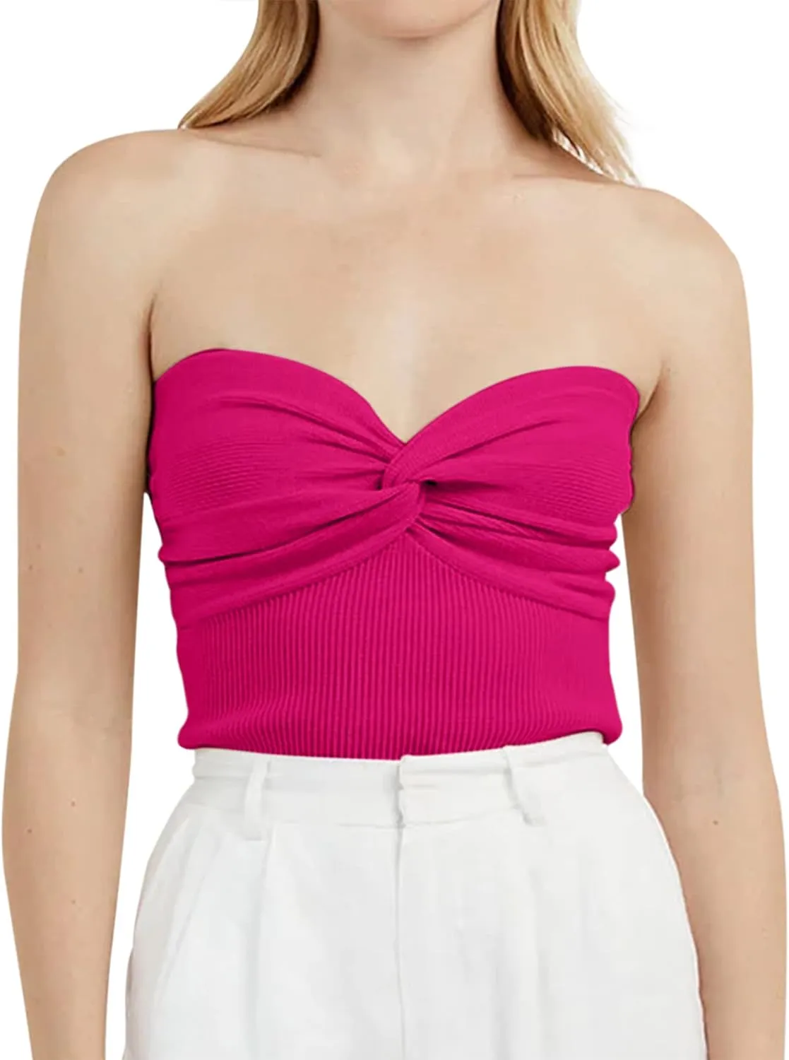 MISSACTIVER Women Twist Knot Front Knit Tube Tank Top Sleeveless Off Shoulder Strapless Crosscriss Backless Crop Camisole