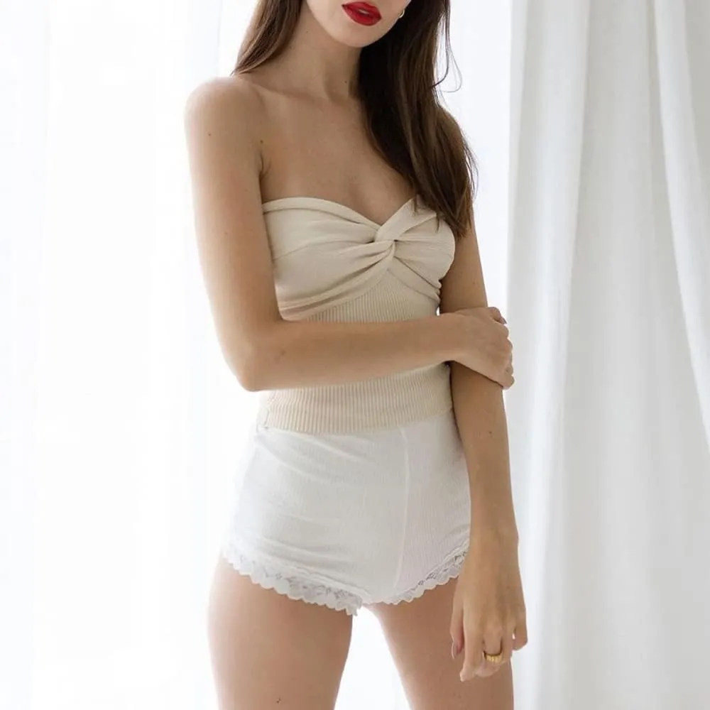 MISSACTIVER Women Twist Knot Front Knit Tube Tank Top Sleeveless Off Shoulder Strapless Crosscriss Backless Crop Camisole