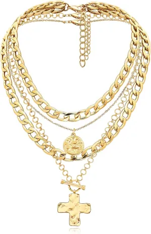 MJartoria Gold Layered Necklaces for Women Trendy Retro Coin and Cross Pendant Necklace Dainty Chunky Chain Choker Necklaces for Jewelry Birthday Gifts