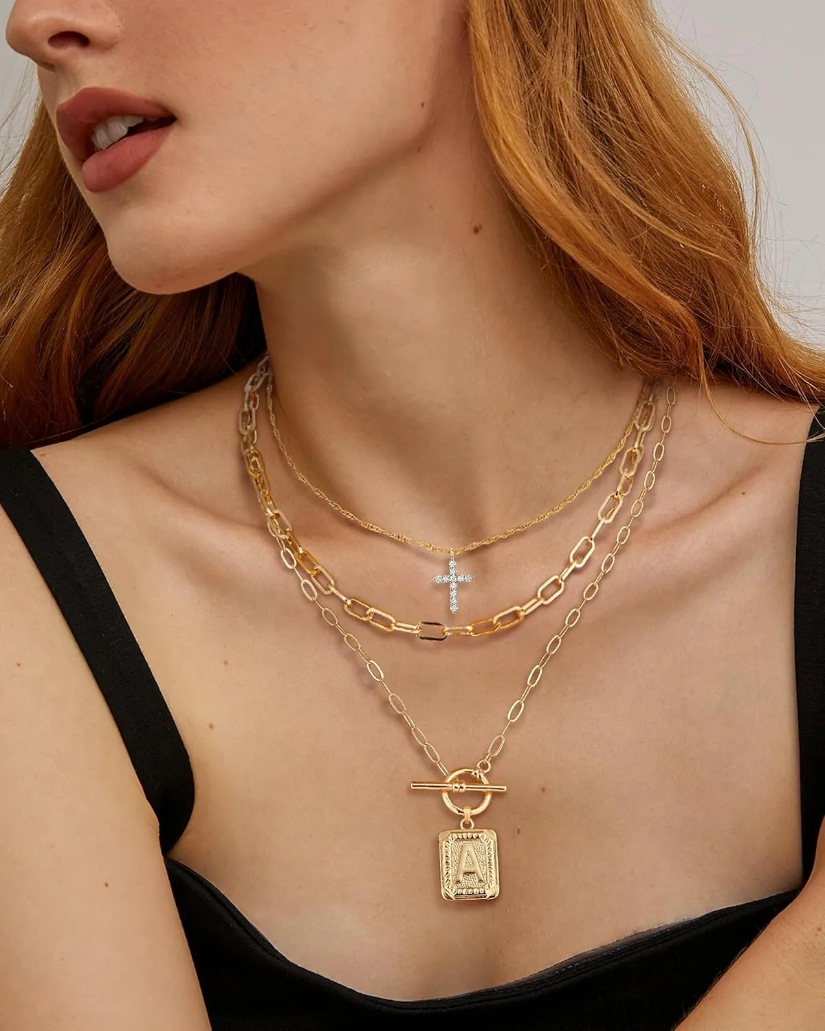 MJartoria Layered Initial Necklaces for Women Trendy, 14K Gold Plated Simple Cross Choker Square Letter Pendant Necklace, Paperclip Chain Necklace, Gold Necklaces Jewelry