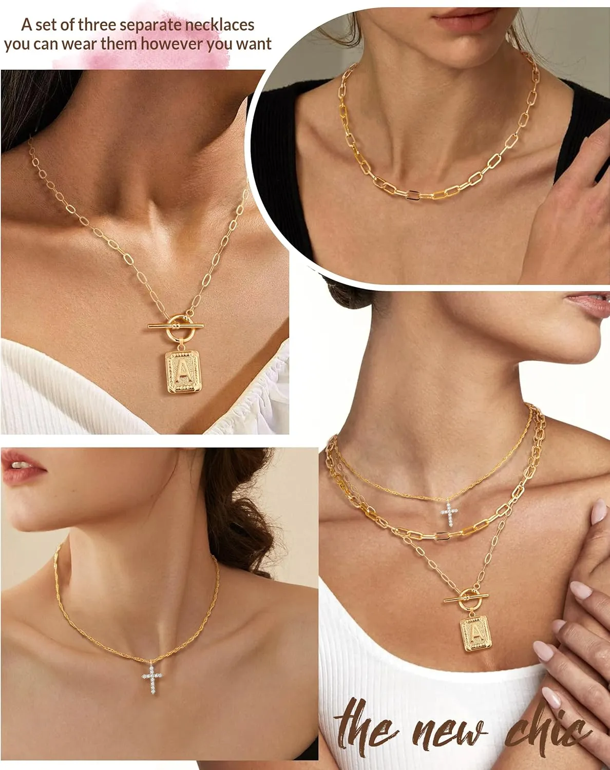 MJartoria Layered Initial Necklaces for Women Trendy, 14K Gold Plated Simple Cross Choker Square Letter Pendant Necklace, Paperclip Chain Necklace, Gold Necklaces Jewelry