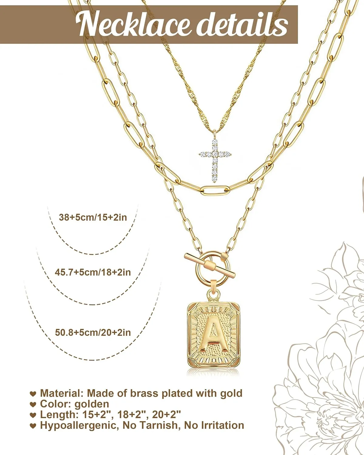 MJartoria Layered Initial Necklaces for Women Trendy, 14K Gold Plated Simple Cross Choker Square Letter Pendant Necklace, Paperclip Chain Necklace, Gold Necklaces Jewelry