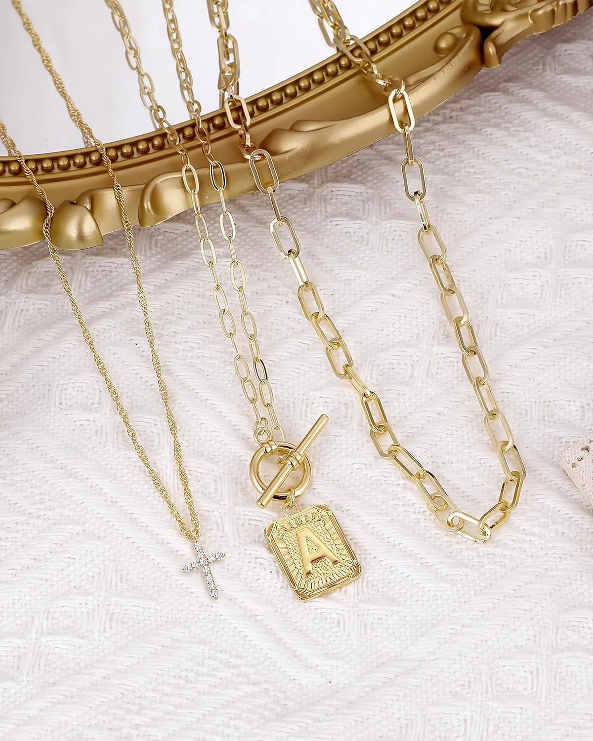 MJartoria Layered Initial Necklaces for Women Trendy, 14K Gold Plated Simple Cross Choker Square Letter Pendant Necklace, Paperclip Chain Necklace, Gold Necklaces Jewelry