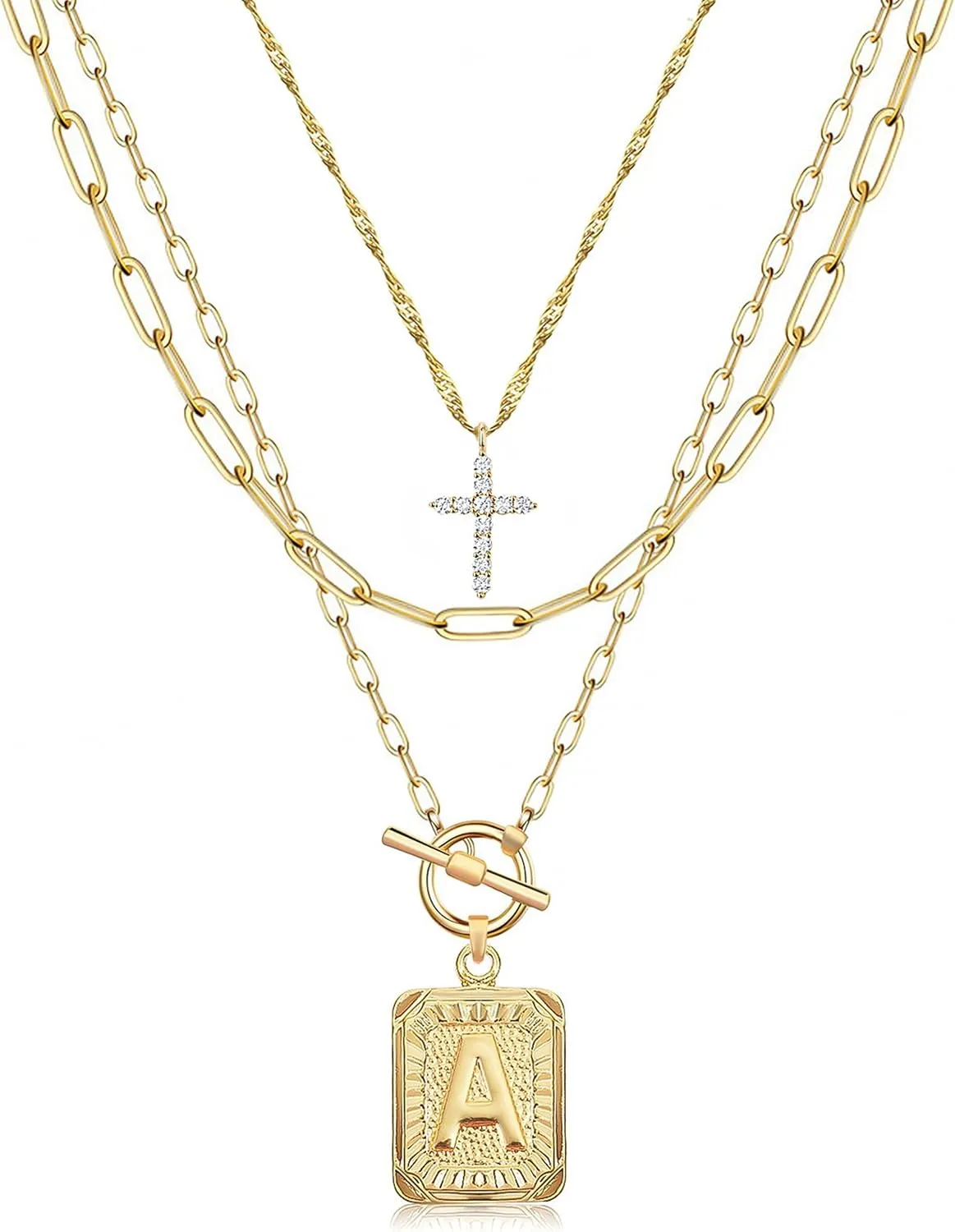 MJartoria Layered Initial Necklaces for Women Trendy, 14K Gold Plated Simple Cross Choker Square Letter Pendant Necklace, Paperclip Chain Necklace, Gold Necklaces Jewelry