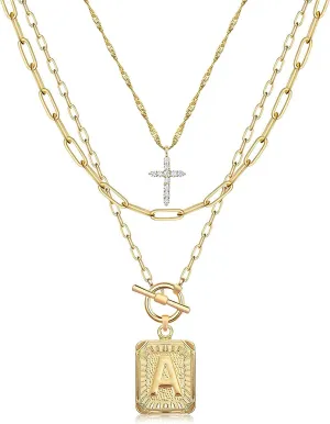 MJartoria Layered Initial Necklaces for Women Trendy, 14K Gold Plated Simple Cross Choker Square Letter Pendant Necklace, Paperclip Chain Necklace, Gold Necklaces Jewelry