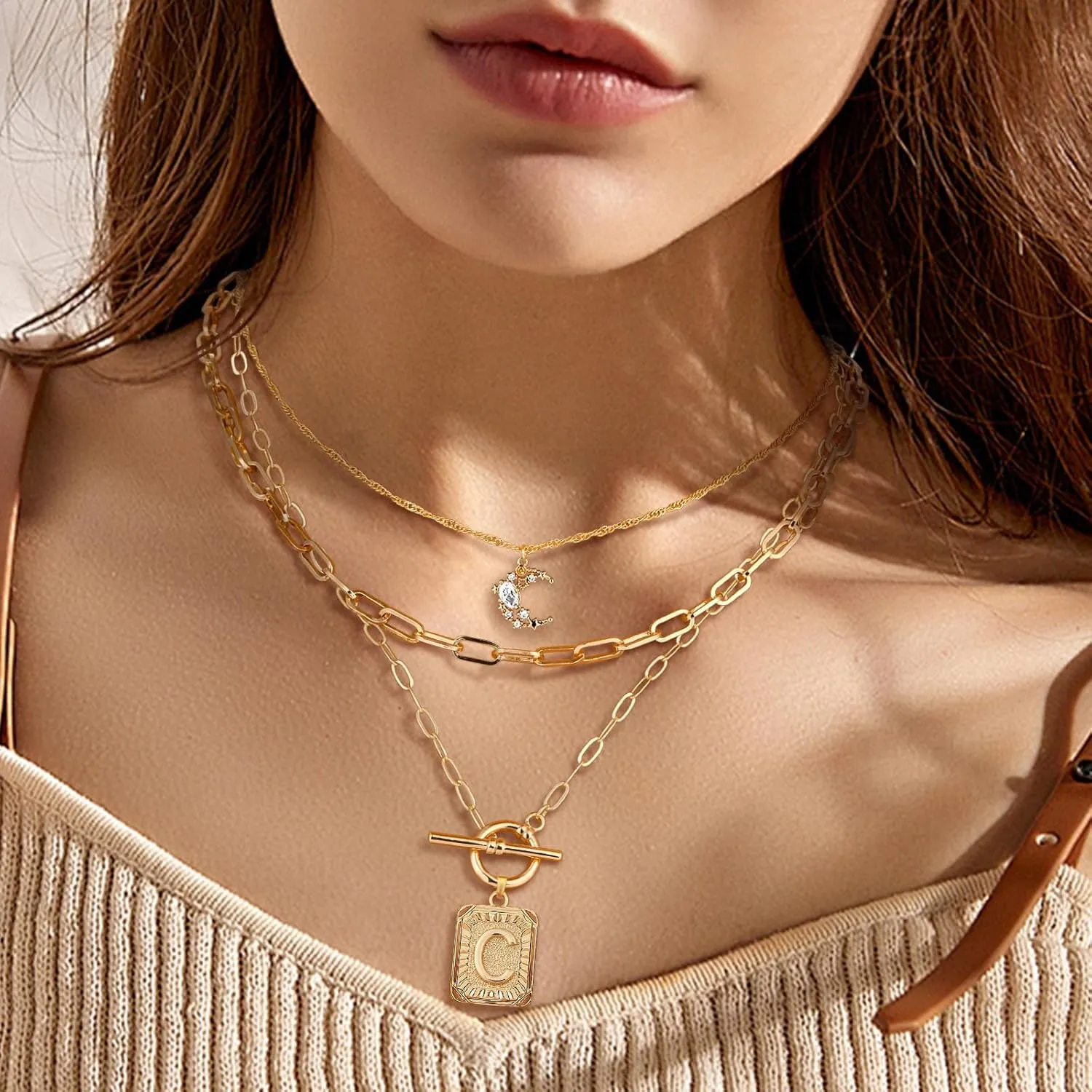 MJartoria Layered Initial Necklaces for Women Trendy, 14K Gold Plated Simple Moon Choker Square Letter Pendant Necklace, Paperclip Chain Necklace, Gold Necklaces Jewelry Gifts