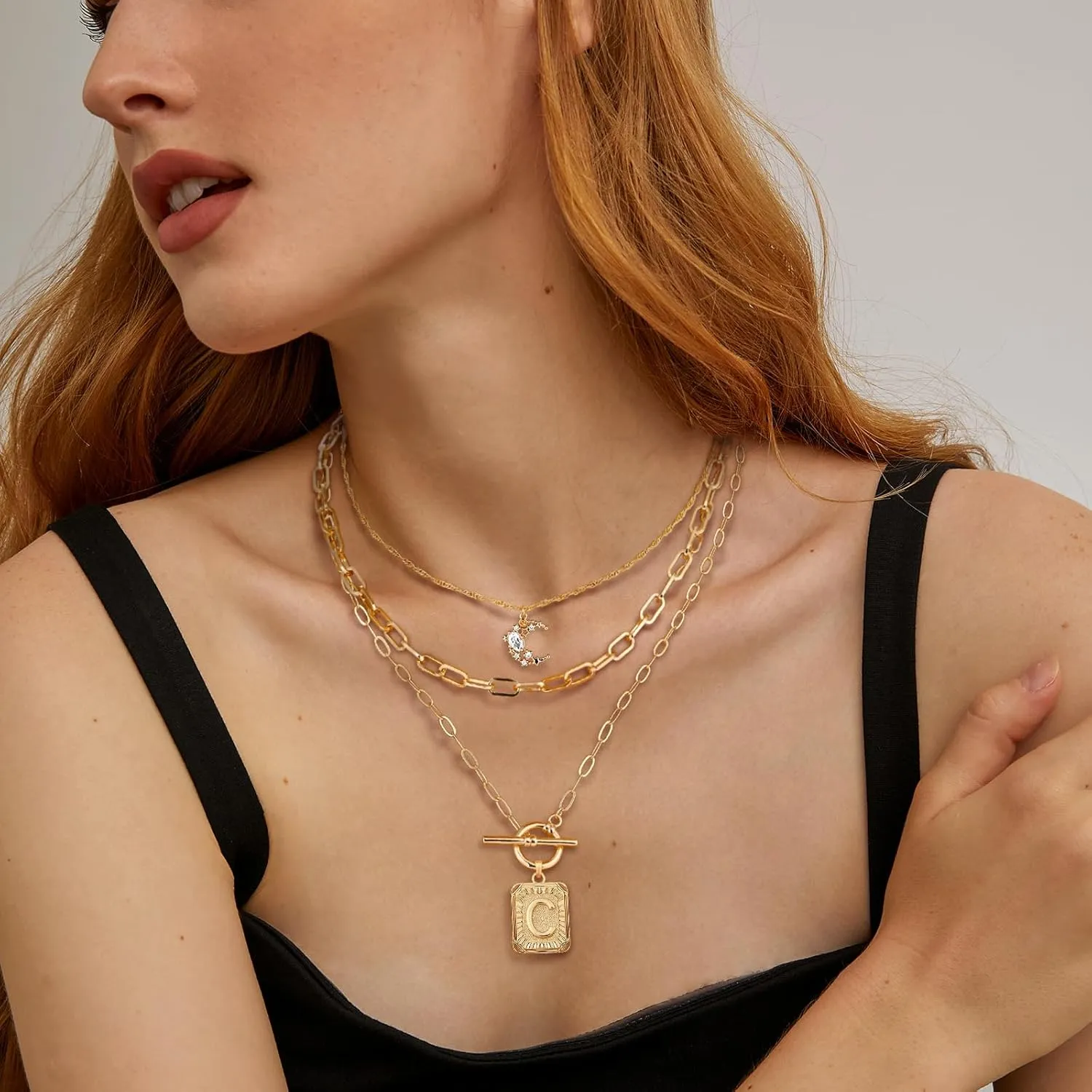 MJartoria Layered Initial Necklaces for Women Trendy, 14K Gold Plated Simple Moon Choker Square Letter Pendant Necklace, Paperclip Chain Necklace, Gold Necklaces Jewelry Gifts
