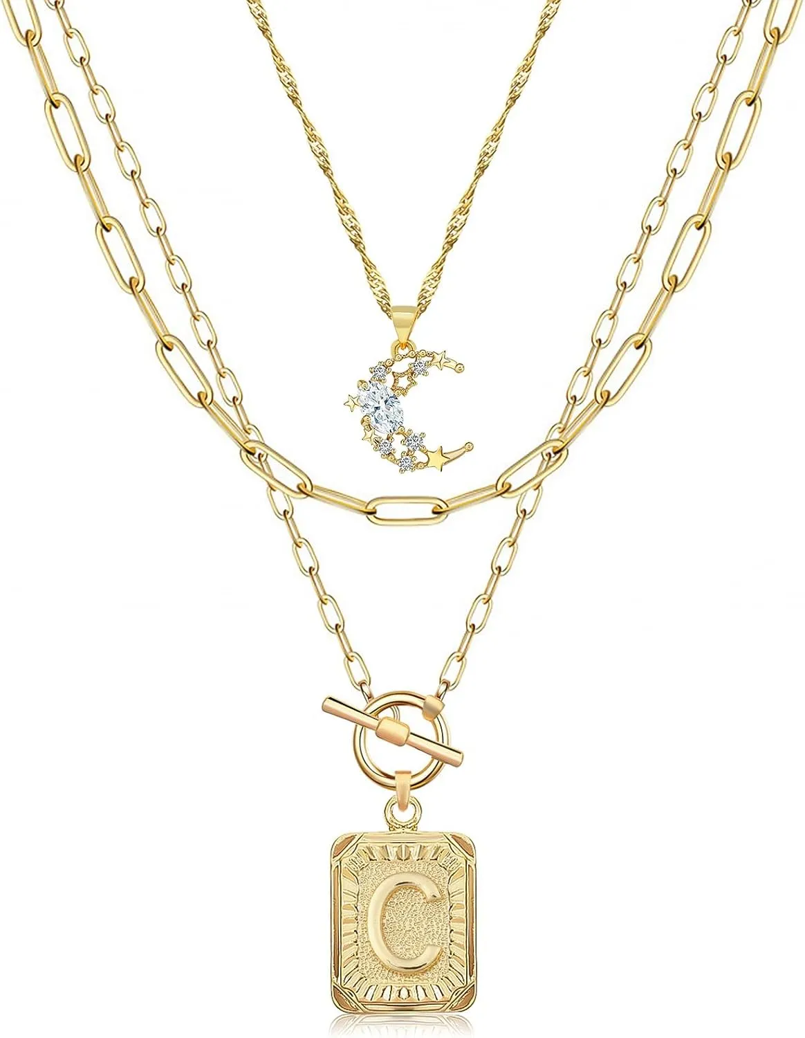 MJartoria Layered Initial Necklaces for Women Trendy, 14K Gold Plated Simple Moon Choker Square Letter Pendant Necklace, Paperclip Chain Necklace, Gold Necklaces Jewelry Gifts