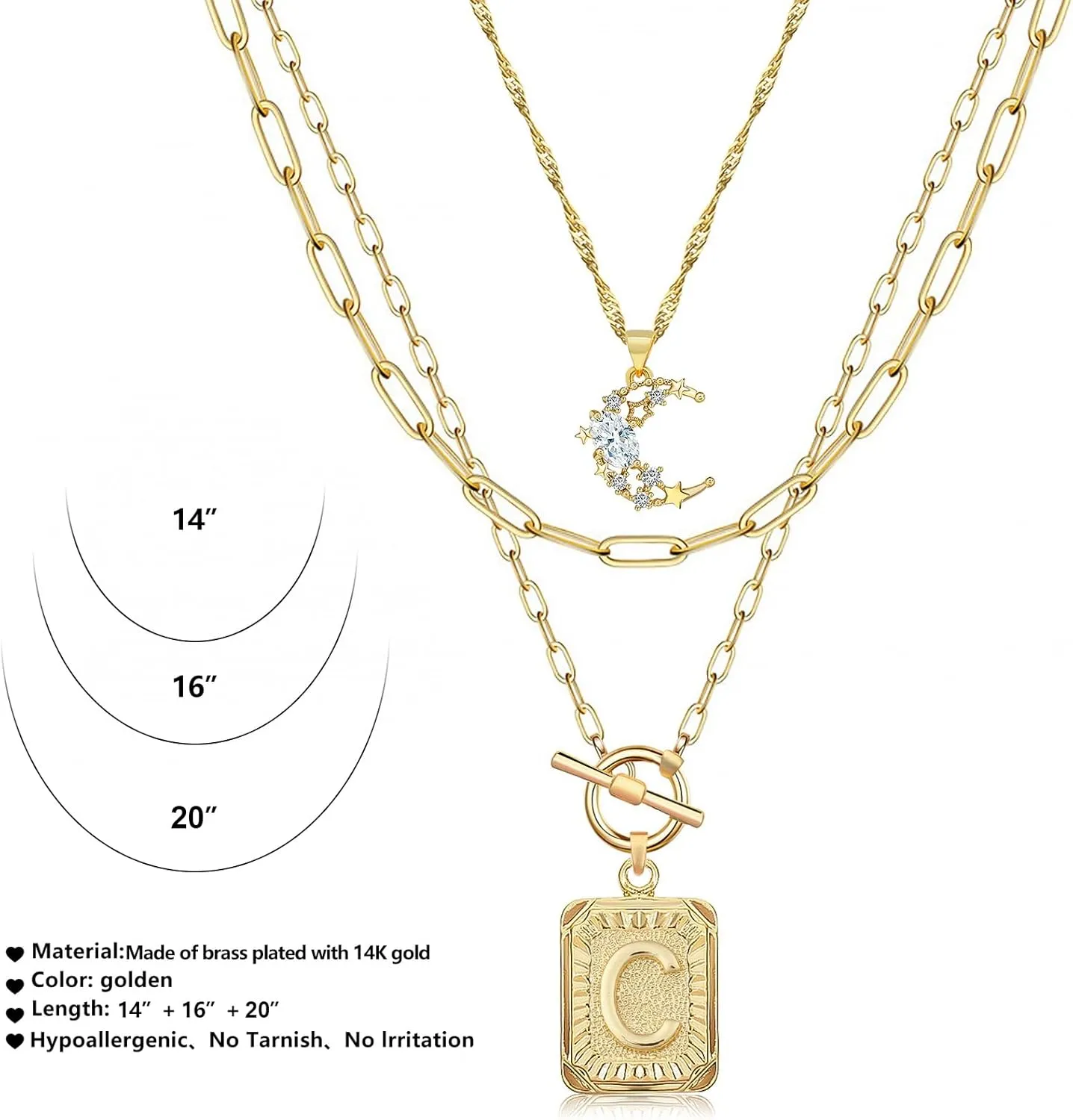 MJartoria Layered Initial Necklaces for Women Trendy, 14K Gold Plated Simple Moon Choker Square Letter Pendant Necklace, Paperclip Chain Necklace, Gold Necklaces Jewelry Gifts