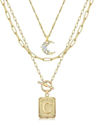 MJartoria Layered Initial Necklaces for Women Trendy, 14K Gold Plated Simple Moon Choker Square Letter Pendant Necklace, Paperclip Chain Necklace, Gold Necklaces Jewelry Gifts