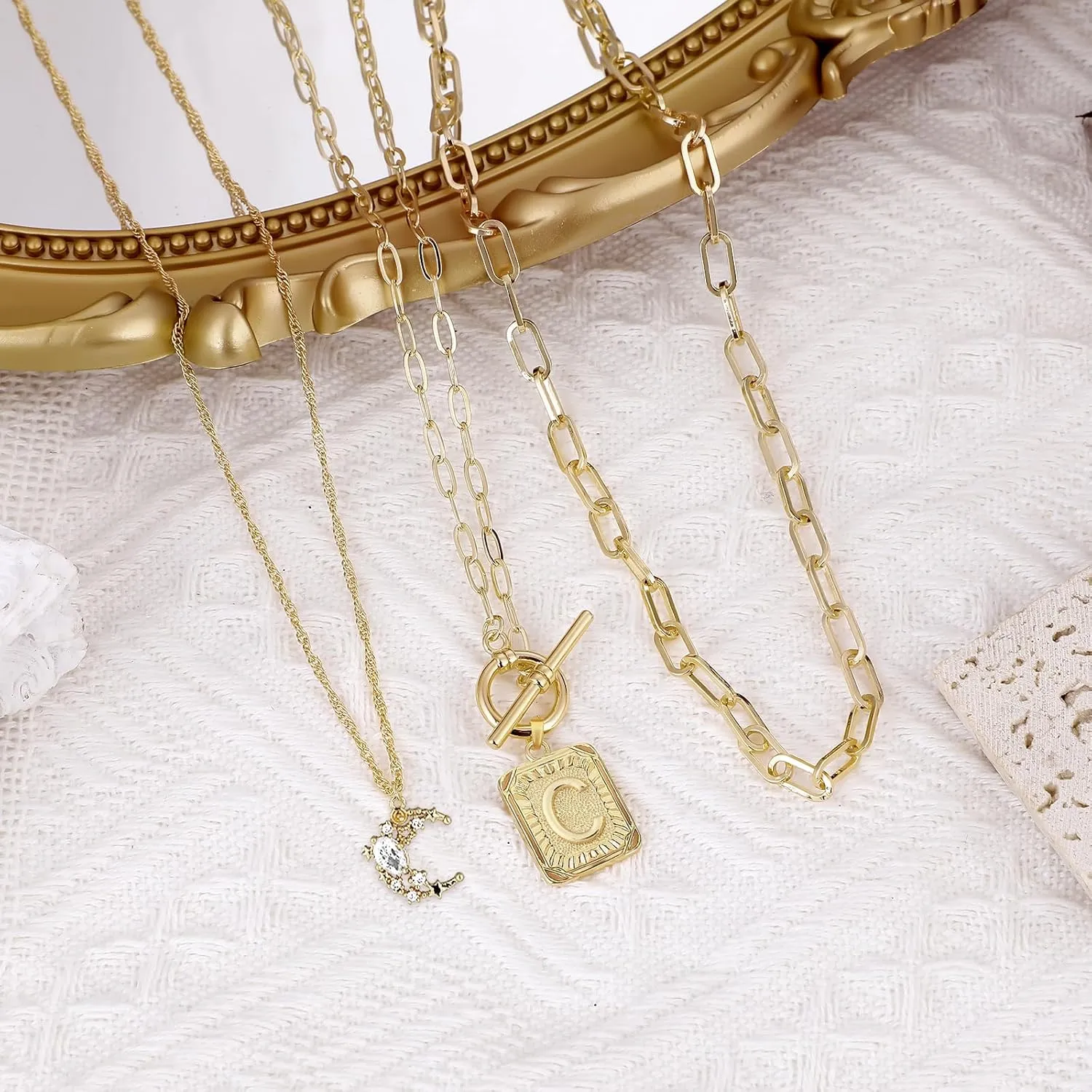 MJartoria Layered Initial Necklaces for Women Trendy, 14K Gold Plated Simple Moon Choker Square Letter Pendant Necklace, Paperclip Chain Necklace, Gold Necklaces Jewelry Gifts