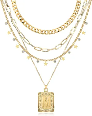 MJartoria Layered Initial Necklaces for Women Trendy, 14K Gold Plated Simple Square Letter Pendant, Paperclip Chain Star Chain, Gold Necklaces Jewelry Gifts