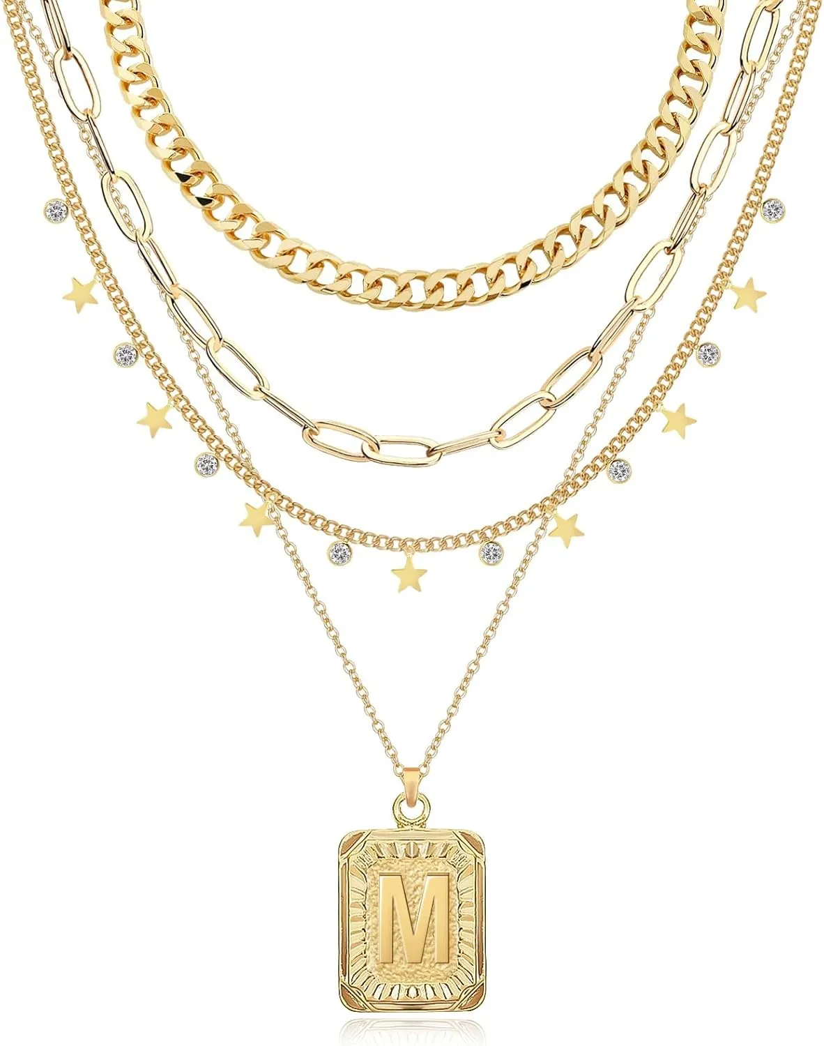 MJartoria Layered Initial Necklaces for Women Trendy, 14K Gold Plated Simple Square Letter Pendant, Paperclip Chain Star Chain, Gold Necklaces Jewelry Gifts